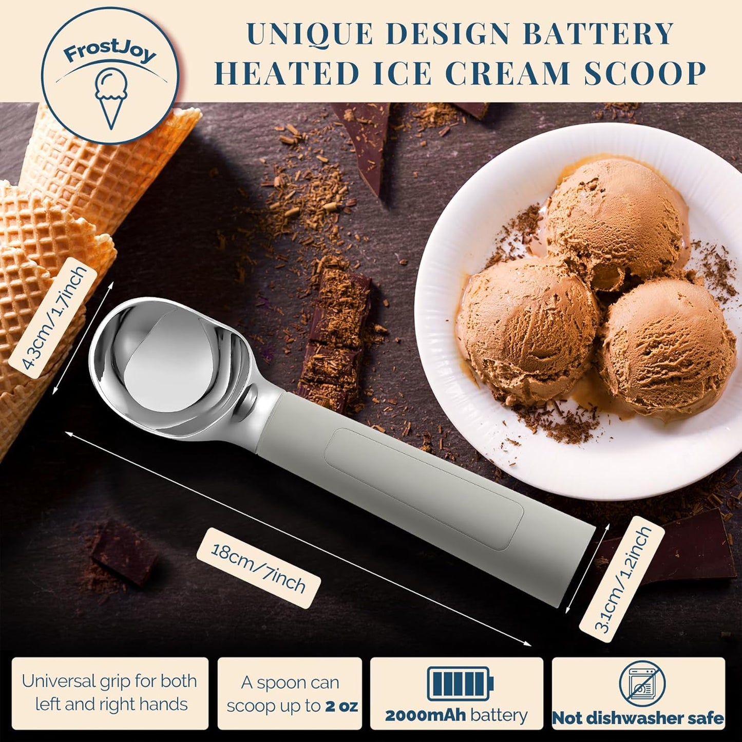 Heated Ice Cream Scoop Rechargeable, Electric Warming Ice Cream Scooper with LED Display, Heats to 158°F for Hard Ice Cream, Easy for Seniors & Kids, IP67 Waterproof (Black, 2 oz)