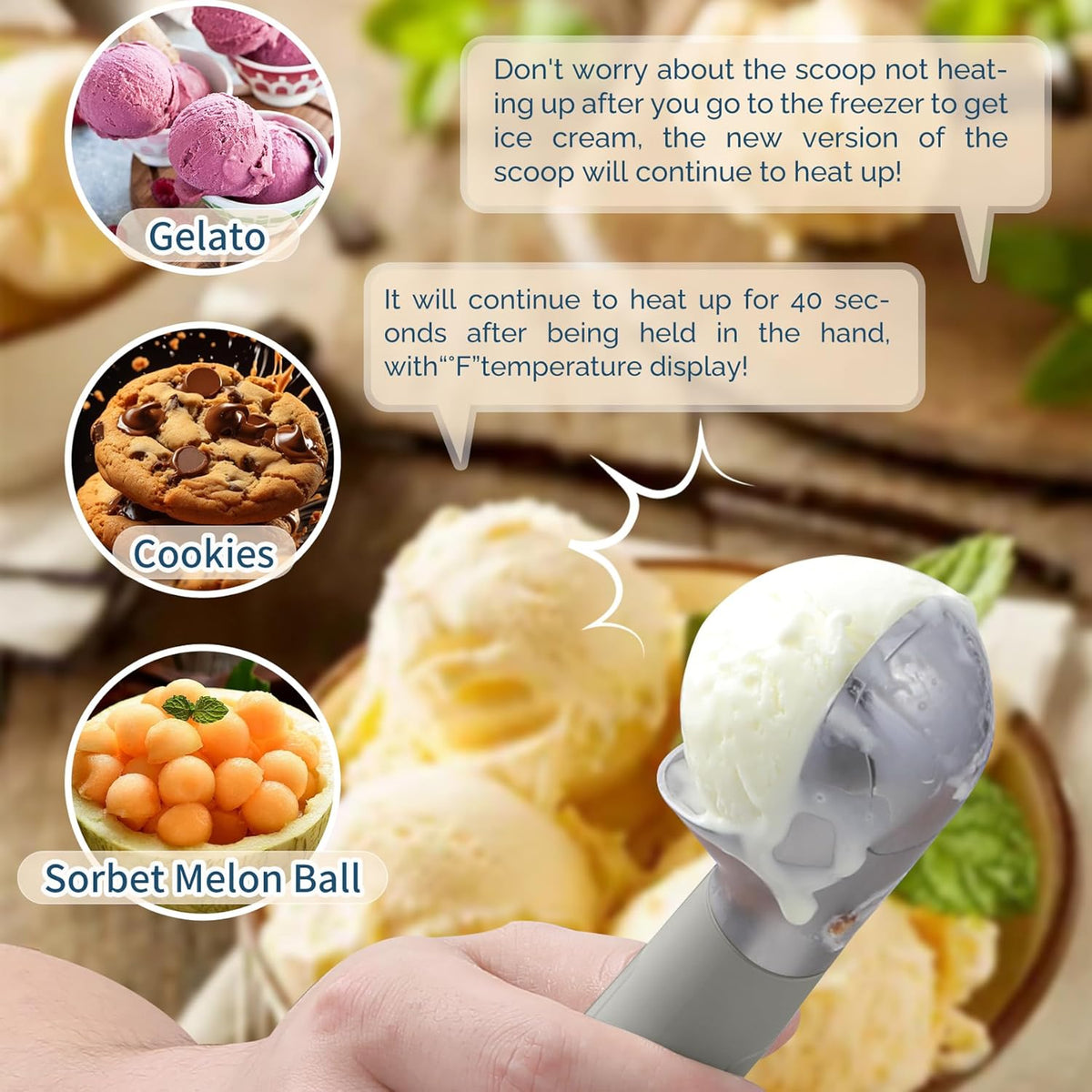 Heated Ice Cream Scoop Rechargeable, Electric Warming Ice Cream Scooper with LED Display, Heats to 158°F for Hard Ice Cream, Easy for Seniors & Kids, IP67 Waterproof (Black, 2 oz)