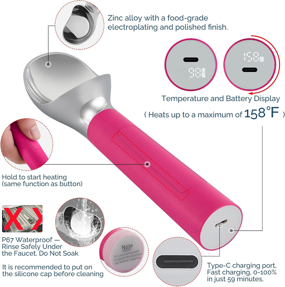 Heated Ice Cream Scoop Rechargeable, Electric Warming Ice Cream Scooper with LED Display, Heats to 158°F for Hard Ice Cream, Easy for Seniors & Kids, IP67 Waterproof (Black, 2 oz)