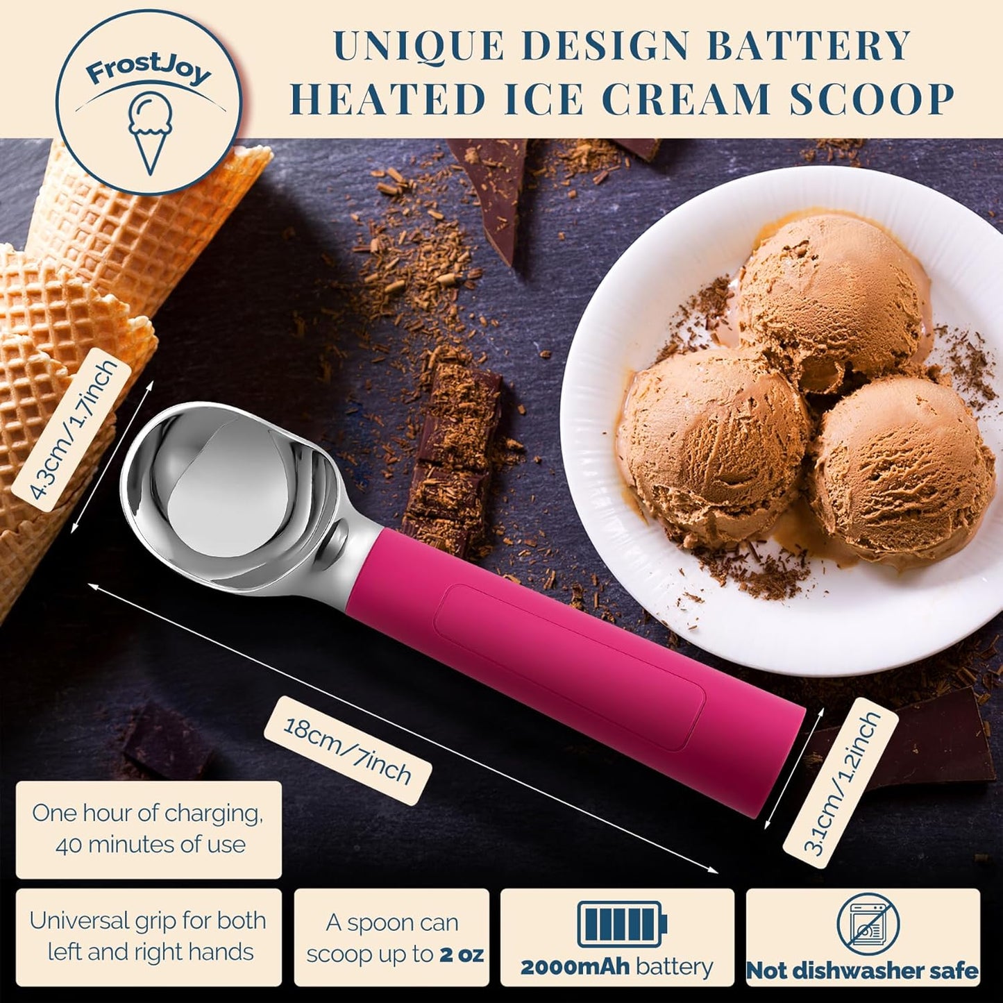 Heated Ice Cream Scoop Rechargeable, Electric Warming Ice Cream Scooper with LED Display, Heats to 158°F for Hard Ice Cream, Easy for Seniors & Kids, IP67 Waterproof (Black, 2 oz)