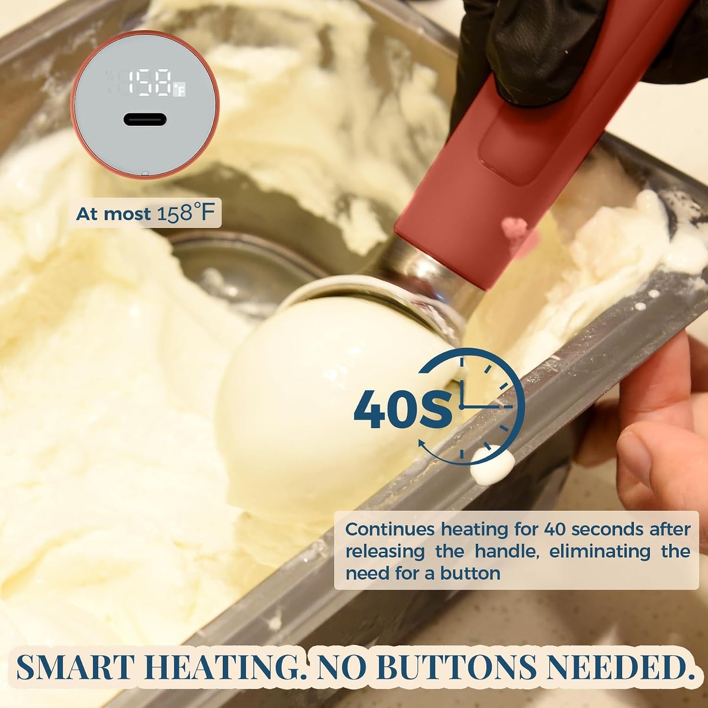 Heated Ice Cream Scoop Rechargeable, Electric Warming Ice Cream Scooper with LED Display, Heats to 158°F for Hard Ice Cream, Easy for Seniors & Kids, IP67 Waterproof (Black, 2 oz)