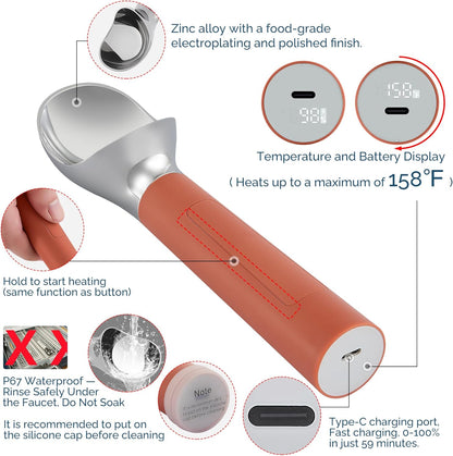Heated Ice Cream Scoop Rechargeable, Electric Warming Ice Cream Scooper with LED Display, Heats to 158°F for Hard Ice Cream, Easy for Seniors & Kids, IP67 Waterproof (Black, 2 oz)