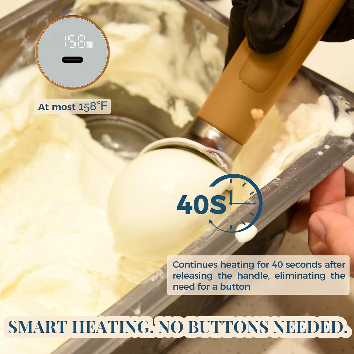 Heated Ice Cream Scoop Rechargeable, Electric Warming Ice Cream Scooper with LED Display, Heats to 158°F for Hard Ice Cream, Easy for Seniors & Kids, IP67 Waterproof (Black, 2 oz)