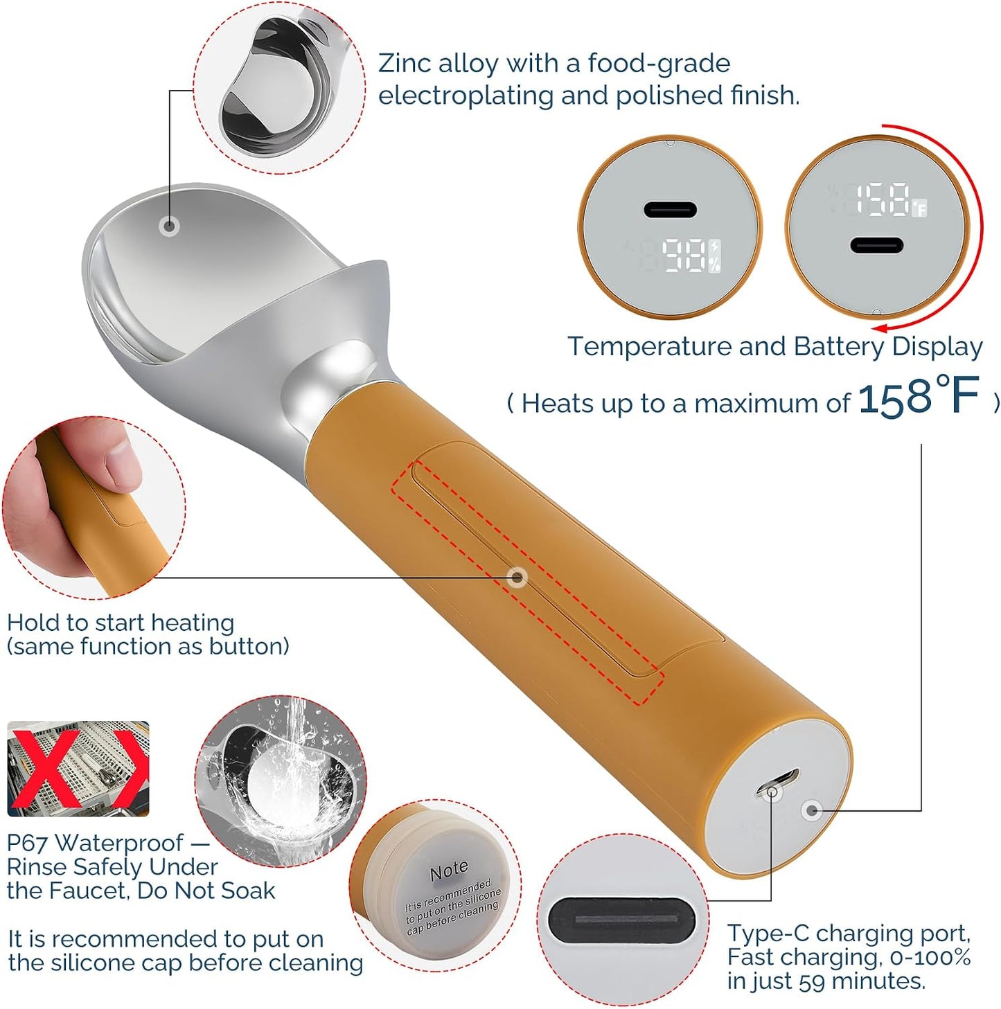 Heated Ice Cream Scoop Rechargeable, Electric Warming Ice Cream Scooper with LED Display, Heats to 158°F for Hard Ice Cream, Easy for Seniors & Kids, IP67 Waterproof (Black, 2 oz)