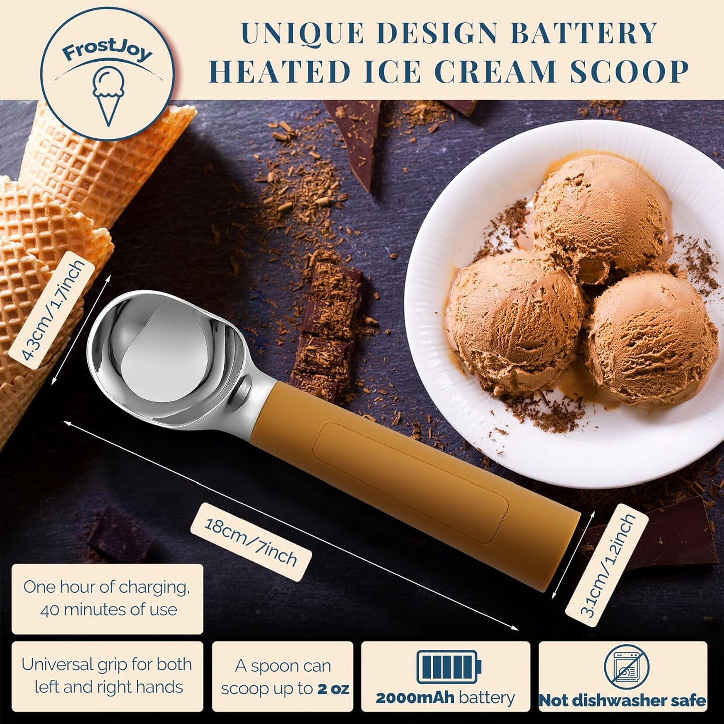 Heated Ice Cream Scoop Rechargeable, Electric Warming Ice Cream Scooper with LED Display, Heats to 158°F for Hard Ice Cream, Easy for Seniors & Kids, IP67 Waterproof (Black, 2 oz)