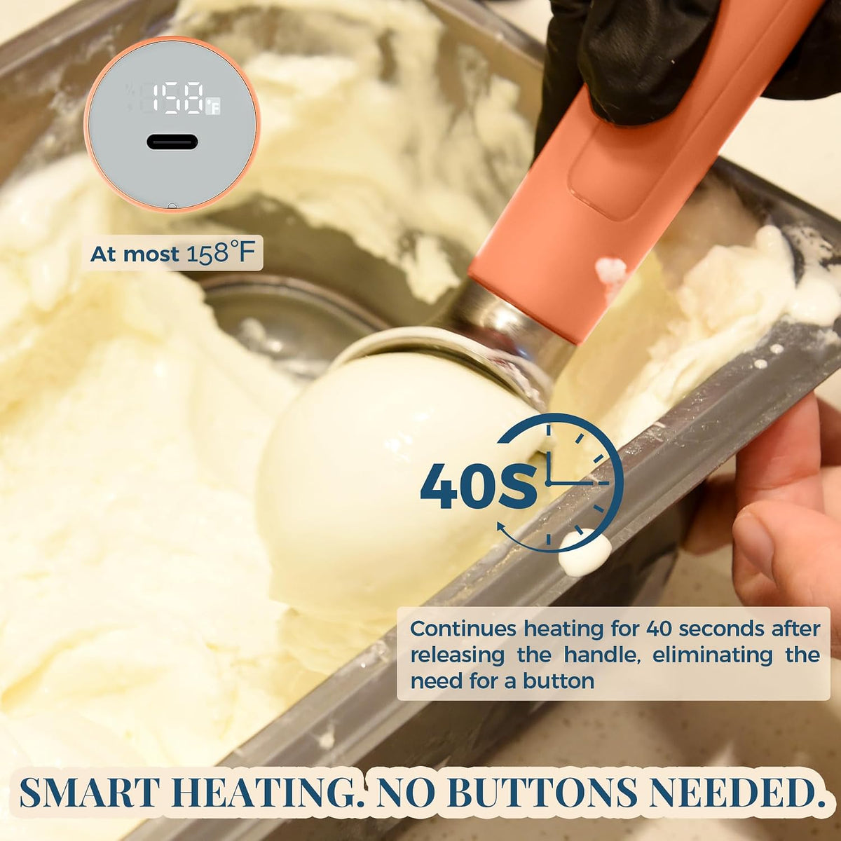 Heated Ice Cream Scoop Rechargeable, Electric Warming Ice Cream Scooper with LED Display, Heats to 158°F for Hard Ice Cream, Easy for Seniors & Kids, IP67 Waterproof (Black, 2 oz)