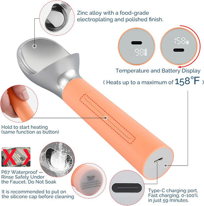 Heated Ice Cream Scoop Rechargeable, Electric Warming Ice Cream Scooper with LED Display, Heats to 158°F for Hard Ice Cream, Easy for Seniors & Kids, IP67 Waterproof (Black, 2 oz)