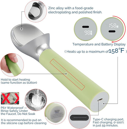 Heated Ice Cream Scoop Rechargeable, Electric Warming Ice Cream Scooper with LED Display, Heats to 158°F for Hard Ice Cream, Easy for Seniors & Kids, IP67 Waterproof (Black, 2 oz)