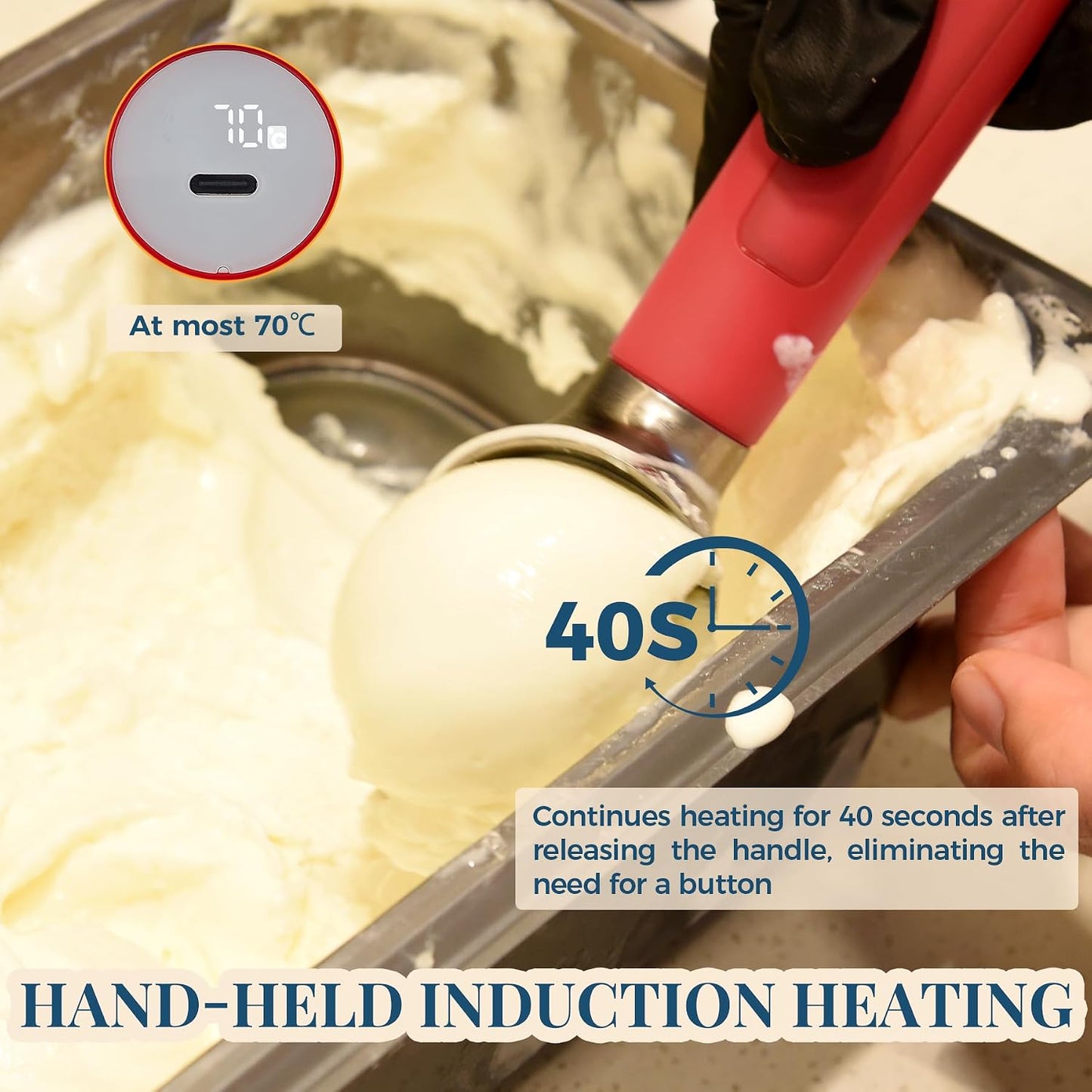 Heated Ice Cream Scoop Rechargeable, Electric Warming Ice Cream Scooper with LED Display, Heats to 158°F for Hard Ice Cream, Easy for Seniors & Kids, IP67 Waterproof (Black, 2 oz)