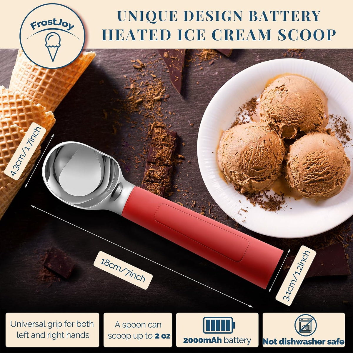 Heated Ice Cream Scoop Rechargeable, Electric Warming Ice Cream Scooper with LED Display, Heats to 158°F for Hard Ice Cream, Easy for Seniors & Kids, IP67 Waterproof (Black, 2 oz)
