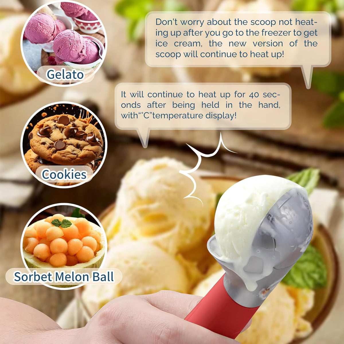 Heated Ice Cream Scoop Rechargeable, Electric Warming Ice Cream Scooper with LED Display, Heats to 158°F for Hard Ice Cream, Easy for Seniors & Kids, IP67 Waterproof (Black, 2 oz)