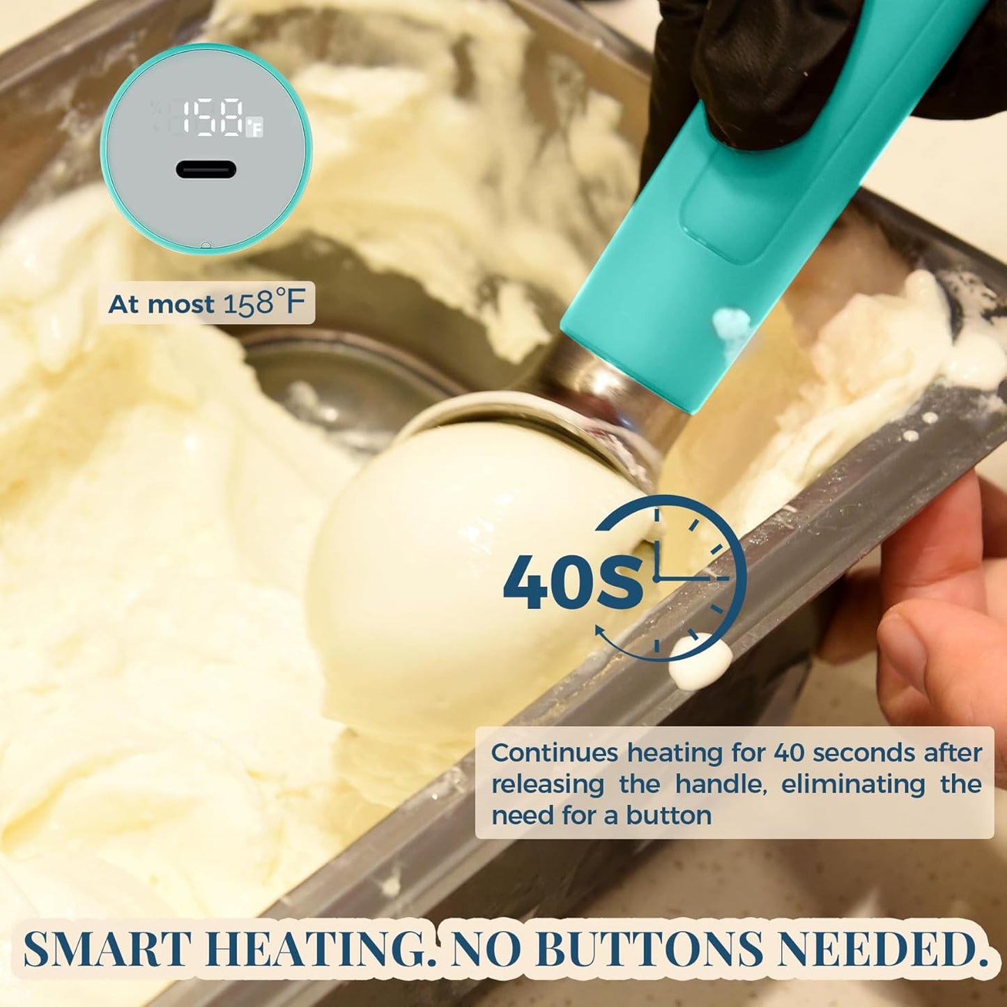 Heated Ice Cream Scoop Rechargeable, Electric Warming Ice Cream Scooper with LED Display, Heats to 158°F for Hard Ice Cream, Easy for Seniors & Kids, IP67 Waterproof (Black, 2 oz)