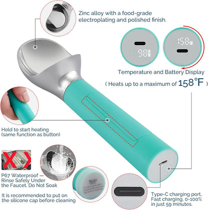 Heated Ice Cream Scoop Rechargeable, Electric Warming Ice Cream Scooper with LED Display, Heats to 158°F for Hard Ice Cream, Easy for Seniors & Kids, IP67 Waterproof (Black, 2 oz)