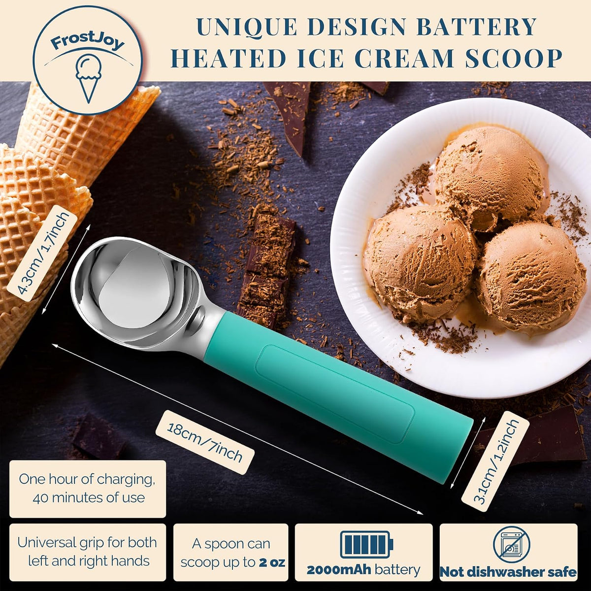 Heated Ice Cream Scoop Rechargeable, Electric Warming Ice Cream Scooper with LED Display, Heats to 158°F for Hard Ice Cream, Easy for Seniors & Kids, IP67 Waterproof (Black, 2 oz)