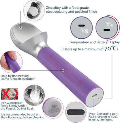 Heated Ice Cream Scoop Rechargeable, Electric Warming Ice Cream Scooper with LED Display, Heats to 158°F for Hard Ice Cream, Easy for Seniors & Kids, IP67 Waterproof (Black, 2 oz)
