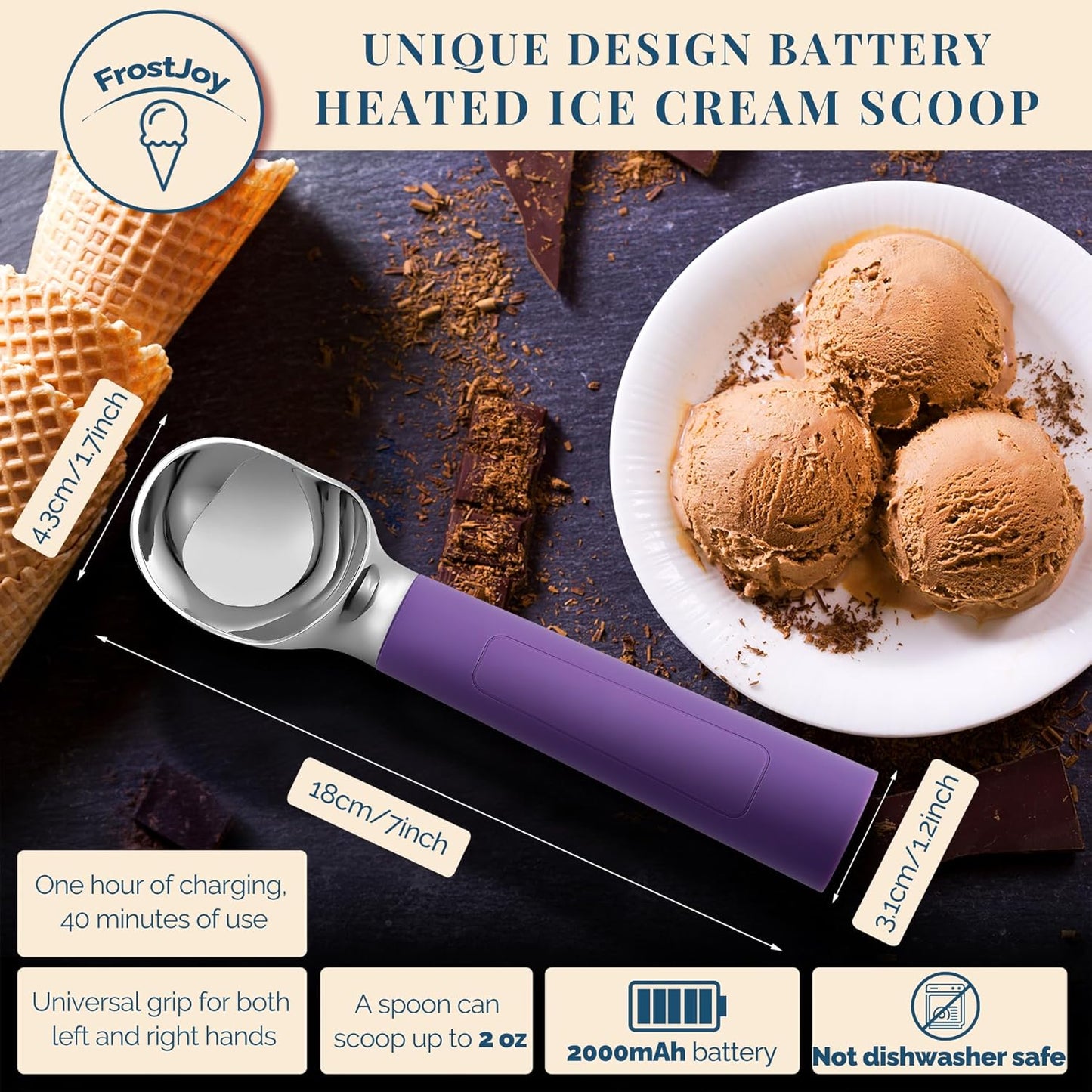 Heated Ice Cream Scoop Rechargeable, Electric Warming Ice Cream Scooper with LED Display, Heats to 158°F for Hard Ice Cream, Easy for Seniors & Kids, IP67 Waterproof (Black, 2 oz)