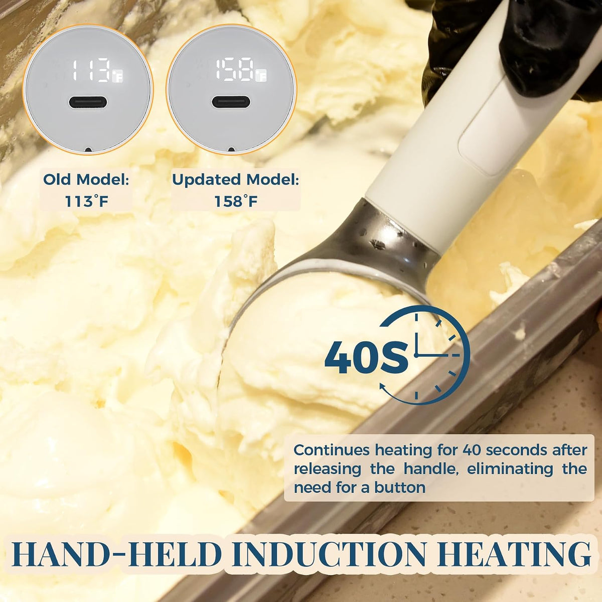 Heated Ice Cream Scoop Rechargeable, Electric Warming Ice Cream Scooper with LED Display, Heats to 158°F for Hard Ice Cream, Easy for Seniors & Kids, IP67 Waterproof (Black, 2 oz)