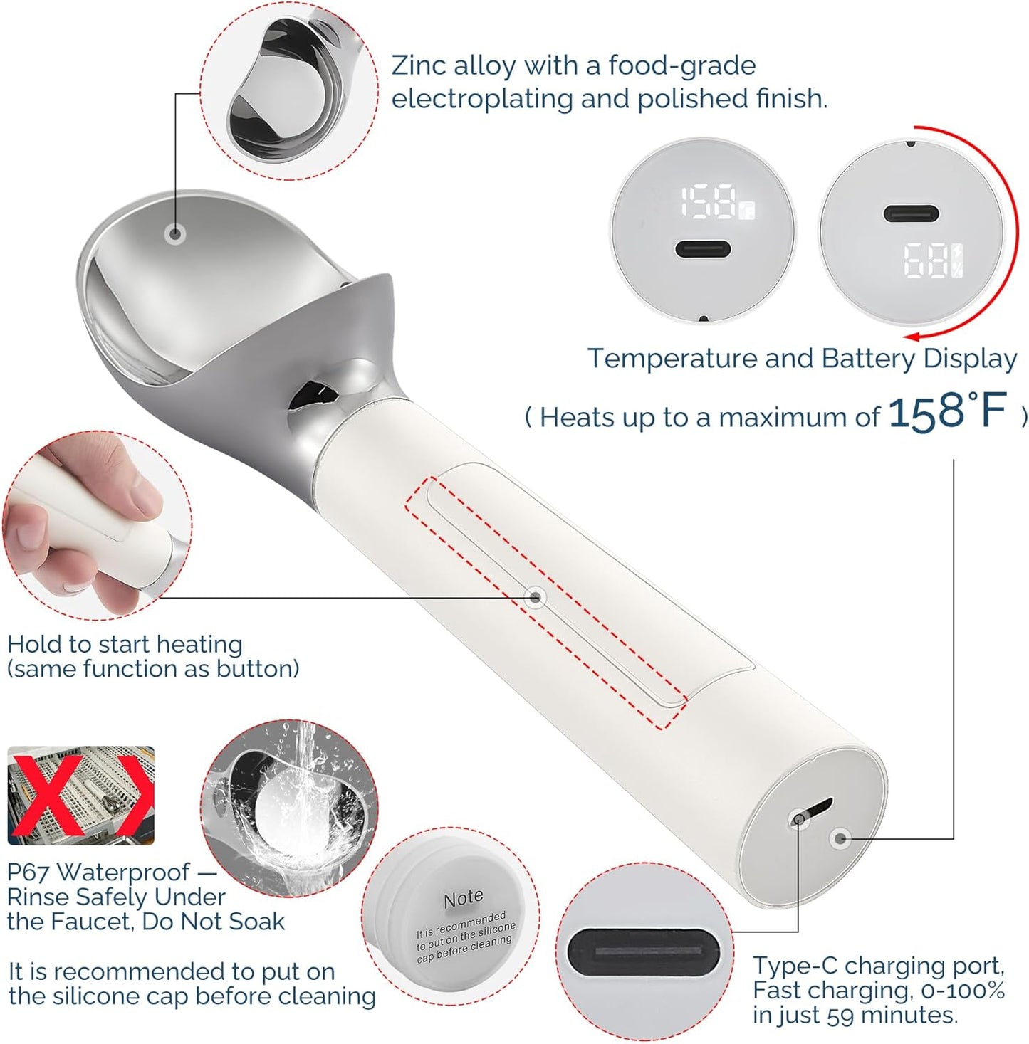 Heated Ice Cream Scoop Rechargeable, Electric Warming Ice Cream Scooper with LED Display, Heats to 158°F for Hard Ice Cream, Easy for Seniors & Kids, IP67 Waterproof (Black, 2 oz)