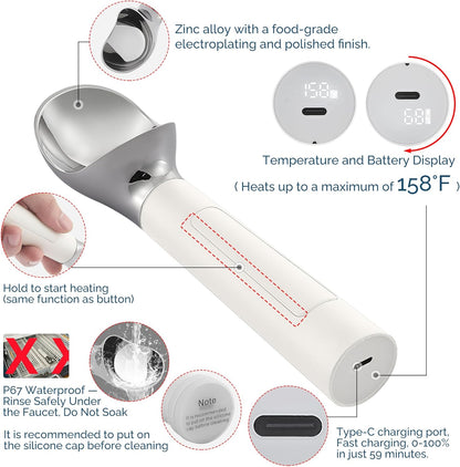 Heated Ice Cream Scoop Rechargeable, Electric Warming Ice Cream Scooper with LED Display, Heats to 158°F for Hard Ice Cream, Easy for Seniors & Kids, IP67 Waterproof (Black, 2 oz)