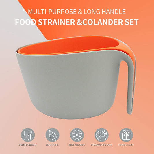2 in 1 Colander with Long Handle Strainer and Mixing Bowl | Fruit Vegetable Washing Basket, Double Layered Strainer, Non-slip Bottom, Stackable, Dishwasher Safe