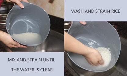 2 in 1 Colander with Long Handle Strainer and Mixing Bowl | Fruit Vegetable Washing Basket, Double Layered Strainer, Non-slip Bottom, Stackable, Dishwasher Safe