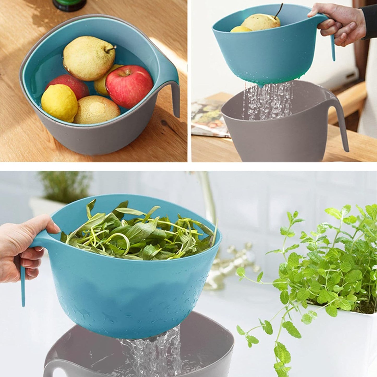 2 in 1 Colander with Long Handle Strainer and Mixing Bowl | Fruit Vegetable Washing Basket, Double Layered Strainer, Non-slip Bottom, Stackable, Dishwasher Safe