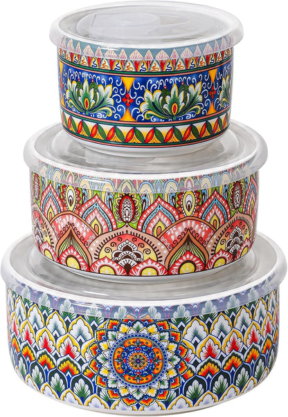 Ceramic Serving Bowls with Lid, Boho Nesting Bowl Set of 3