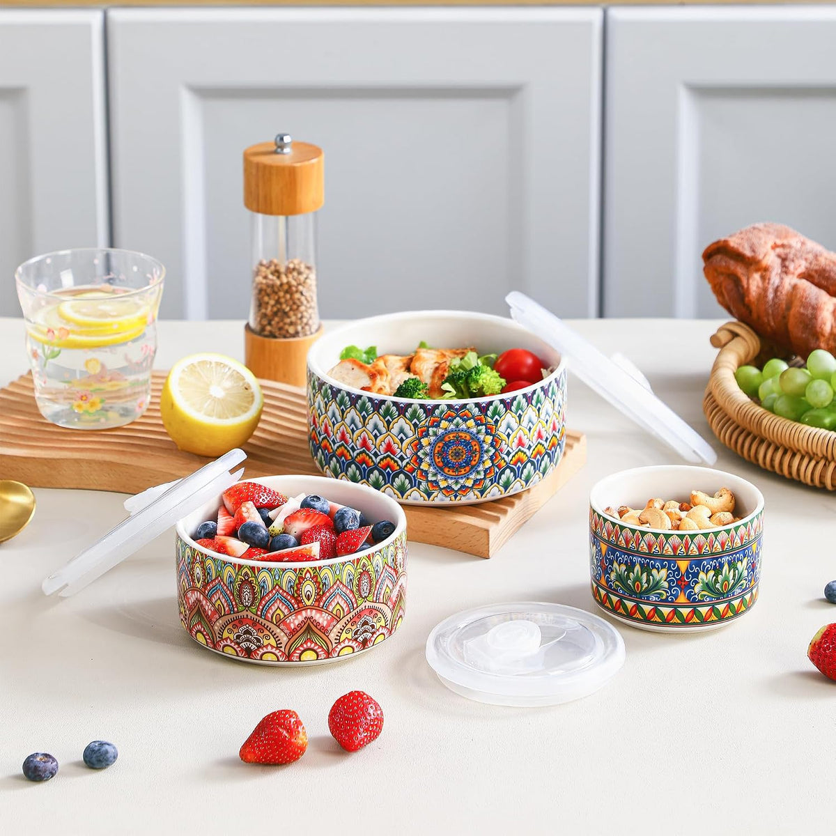 Ceramic Serving Bowls with Lid, Boho Nesting Bowl Set of 3