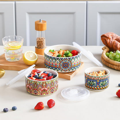 Ceramic Serving Bowls with Lid, Boho Nesting Bowl Set of 3