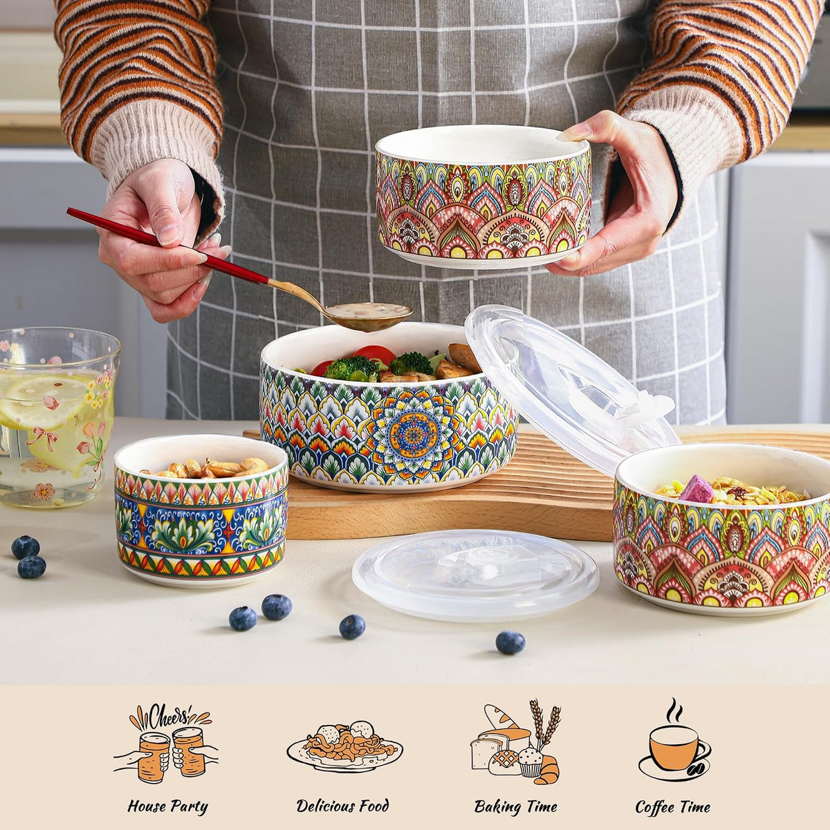 Ceramic Serving Bowls with Lid, Boho Nesting Bowl Set of 3