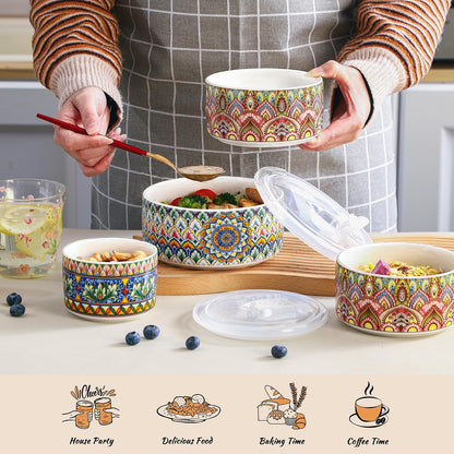 Ceramic Serving Bowls with Lid, Boho Nesting Bowl Set of 3