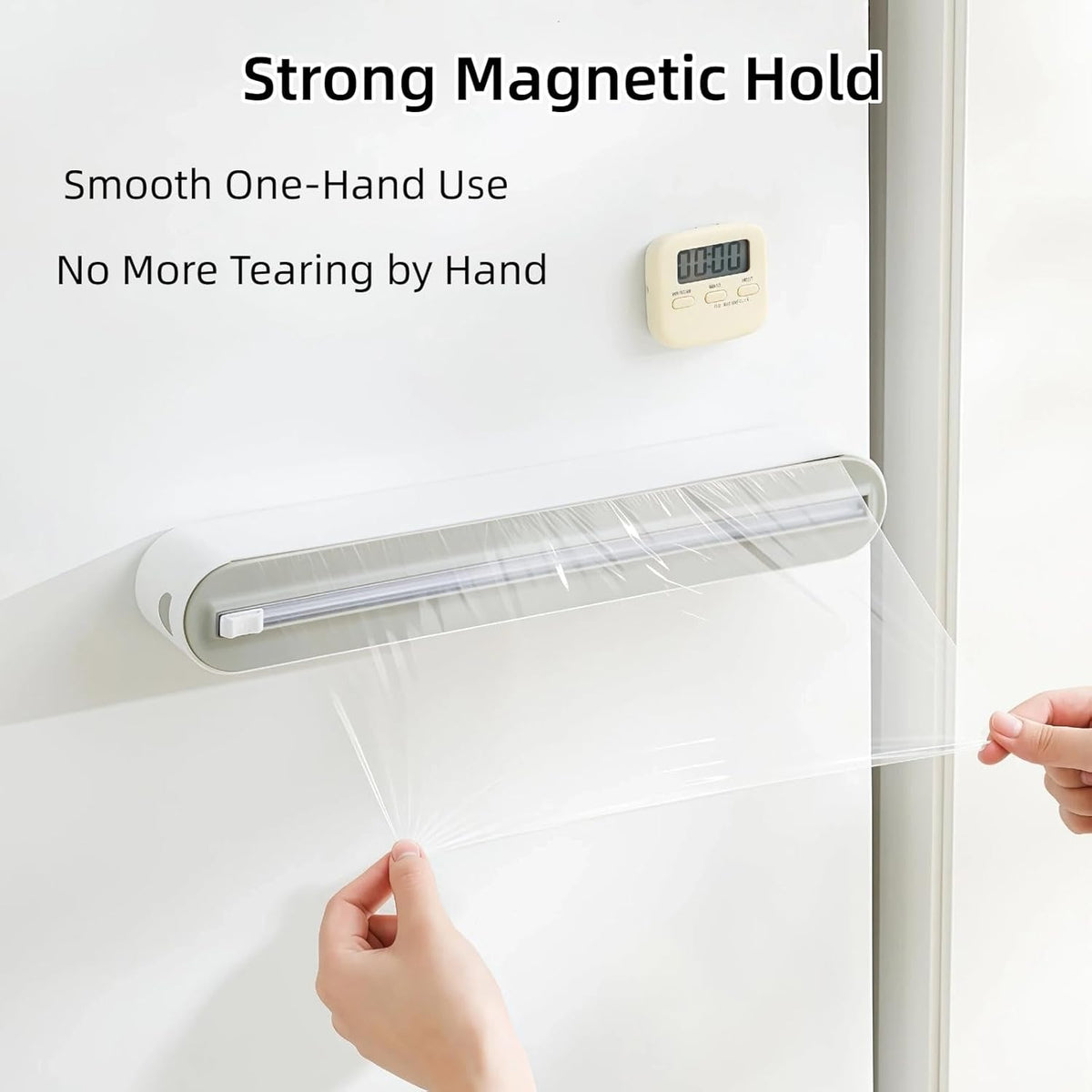 Fits 12" Rolls Up to 1.45" Diameter, Plastic Wrap Dispenser with Cutter | Includes 100 ft plastic wrap; fits slim 12" rolls up to 1.45" diameter. Magnetic mount; not for jumbo or commercial rolls.