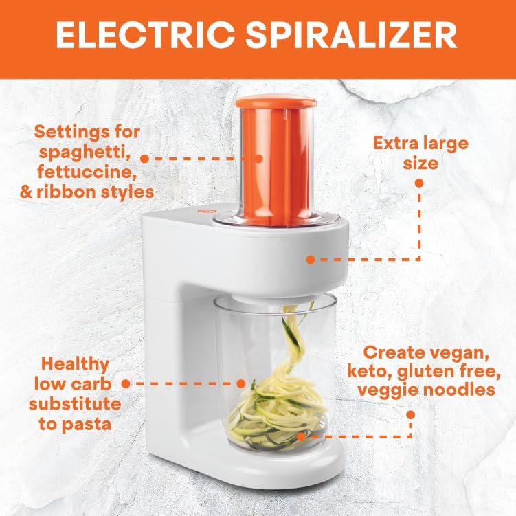 Electric Spiralizer- 3in1 Vegetable Noodle, Homemade Pasta Maker | Low Carb, Keto, Vegan, Gluten Free- Zoodle Zucchini Veggie Slicer & XL Hopper, FREE Recipes- Quick Healthy Meal Prep Gift