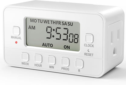 7-Day Heavy Duty Digital Timer with Dual Outlet, LCD Display, 3-Prong Programmable Design, for Lights, Fans, Coffee Machine, Home, Kitchen, Office, Indoor Use, 125V 15A 1875W