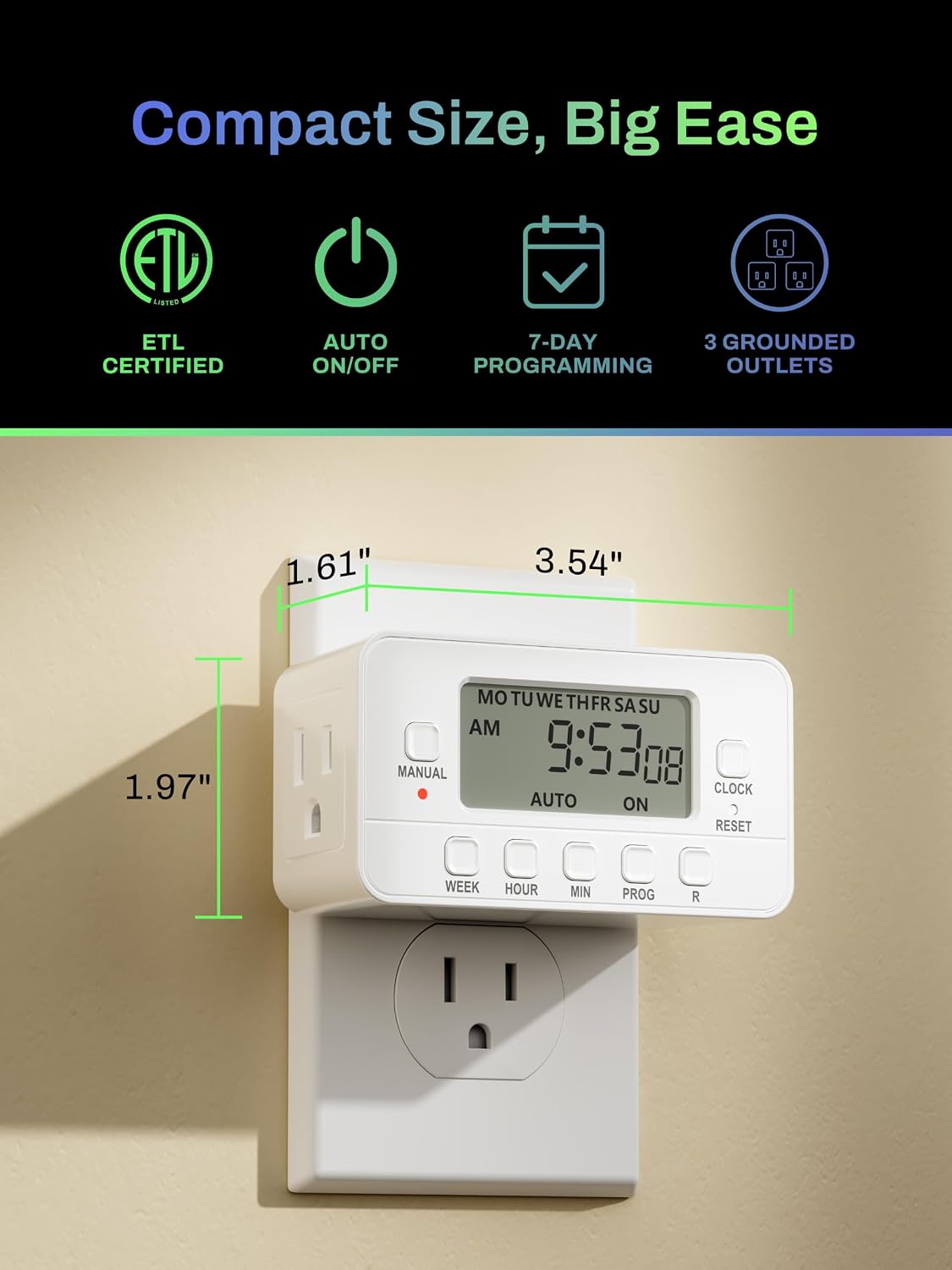 7-Day Heavy Duty Digital Timer with Dual Outlet, LCD Display, 3-Prong Programmable Design, for Lights, Fans, Coffee Machine, Home, Kitchen, Office, Indoor Use, 125V 15A 1875W