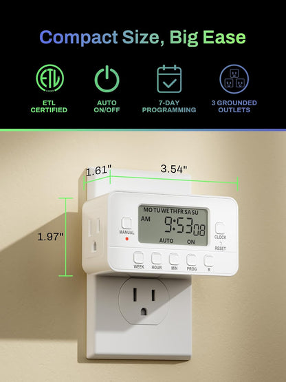 7-Day Heavy Duty Digital Timer with Dual Outlet, LCD Display, 3-Prong Programmable Design, for Lights, Fans, Coffee Machine, Home, Kitchen, Office, Indoor Use, 125V 15A 1875W
