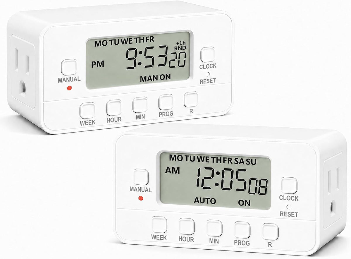 7-Day Heavy Duty Digital Timer with Dual Outlet, LCD Display, 3-Prong Programmable Design, for Lights, Fans, Coffee Machine, Home, Kitchen, Office, Indoor Use, 125V 15A 1875W