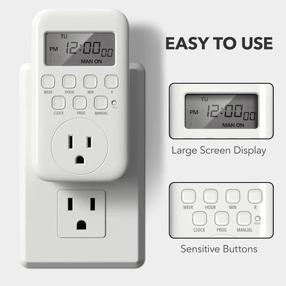 7-Day Heavy Duty Digital Timer with Dual Outlet, LCD Display, 3-Prong Programmable Design, for Lights, Fans, Coffee Machine, Home, Kitchen, Office, Indoor Use, 125V 15A 1875W