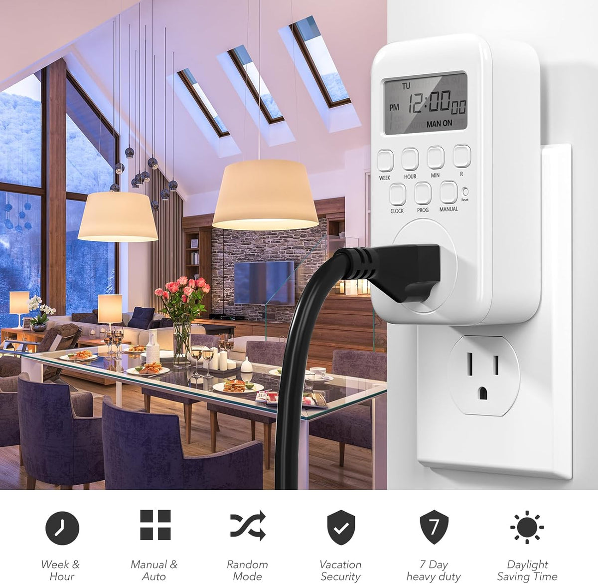 7-Day Heavy Duty Digital Timer with Dual Outlet, LCD Display, 3-Prong Programmable Design, for Lights, Fans, Coffee Machine, Home, Kitchen, Office, Indoor Use, 125V 15A 1875W