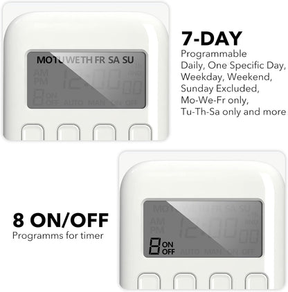 7-Day Heavy Duty Digital Timer with Dual Outlet, LCD Display, 3-Prong Programmable Design, for Lights, Fans, Coffee Machine, Home, Kitchen, Office, Indoor Use, 125V 15A 1875W