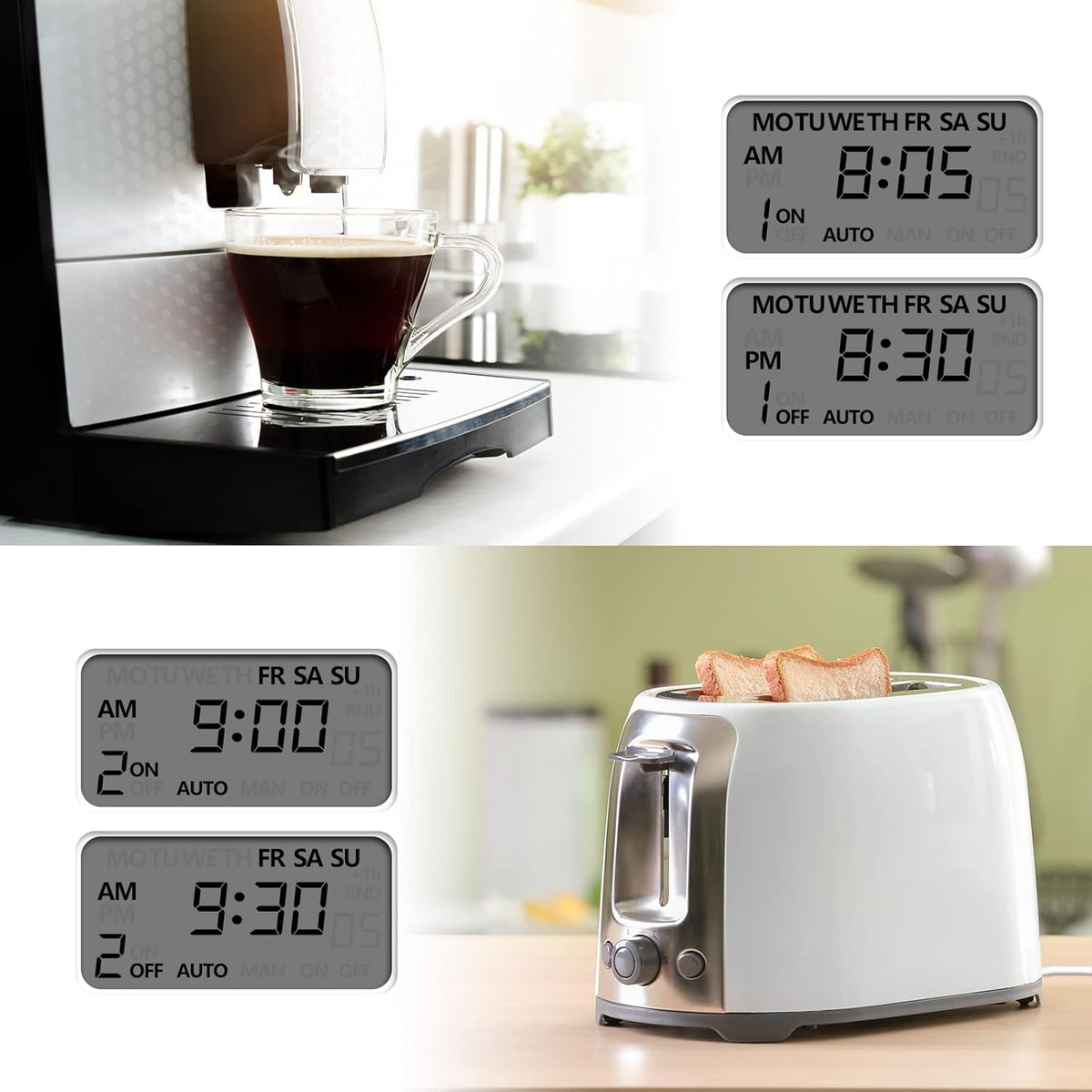 7-Day Heavy Duty Digital Timer with Dual Outlet, LCD Display, 3-Prong Programmable Design, for Lights, Fans, Coffee Machine, Home, Kitchen, Office, Indoor Use, 125V 15A 1875W