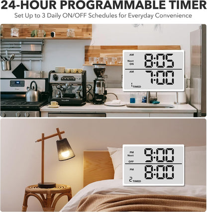 7-Day Heavy Duty Digital Timer with Dual Outlet, LCD Display, 3-Prong Programmable Design, for Lights, Fans, Coffee Machine, Home, Kitchen, Office, Indoor Use, 125V 15A 1875W
