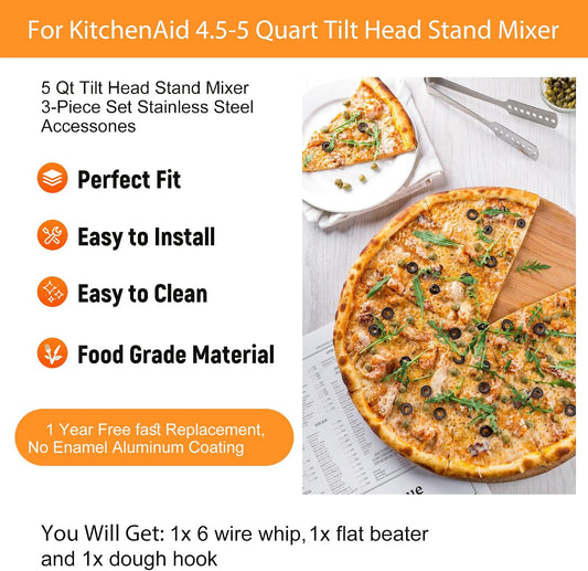 Stainless Steel Accessories for KitchenAid 4.5-5 Qt Tilt Head Mixer | 6 Wire Whisk, Flat Beater and Dough Hook for 5 Quart Mixing Bowl, Fits KSM45, KSM150, Heavy Duty, Dishwasher Safe