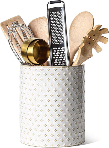 Utensil Holder for Kitchen Counter - 7.1" Large Ceramic Utensil Crock, Cooking Utensil Organizer for Spatula, Spoon, Whisk - Farmhouse Kitchen Countertop Storage, Embossed, Clover