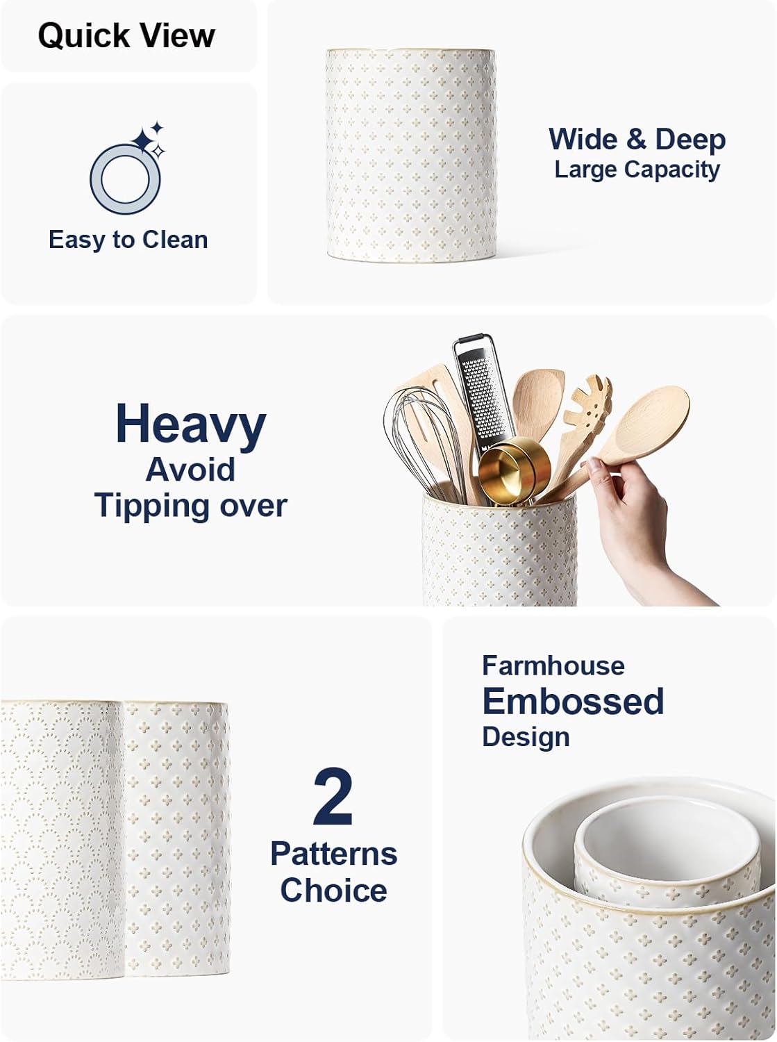 Utensil Holder for Kitchen Counter - 7.1" Large Ceramic Utensil Crock, Cooking Utensil Organizer for Spatula, Spoon, Whisk - Farmhouse Kitchen Countertop Storage, Embossed, Clover