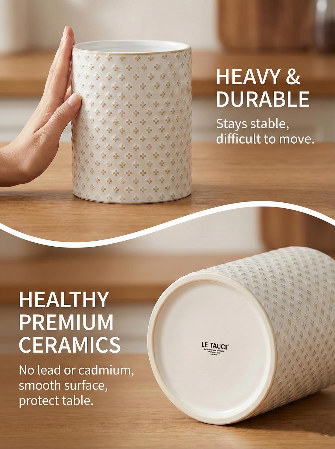Utensil Holder for Kitchen Counter - 7.1" Large Ceramic Utensil Crock, Cooking Utensil Organizer for Spatula, Spoon, Whisk - Farmhouse Kitchen Countertop Storage, Embossed, Clover