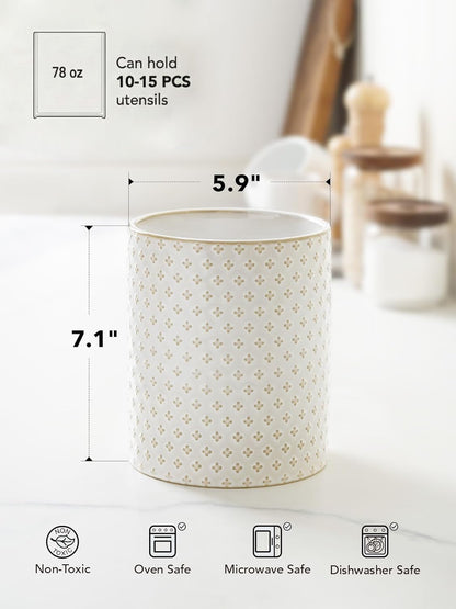 Utensil Holder for Kitchen Counter - 7.1" Large Ceramic Utensil Crock, Cooking Utensil Organizer for Spatula, Spoon, Whisk - Farmhouse Kitchen Countertop Storage, Embossed, Clover