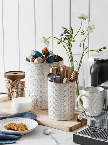 Utensil Holder for Kitchen Counter - 7.1" Large Ceramic Utensil Crock, Cooking Utensil Organizer for Spatula, Spoon, Whisk - Farmhouse Kitchen Countertop Storage, Embossed, Clover
