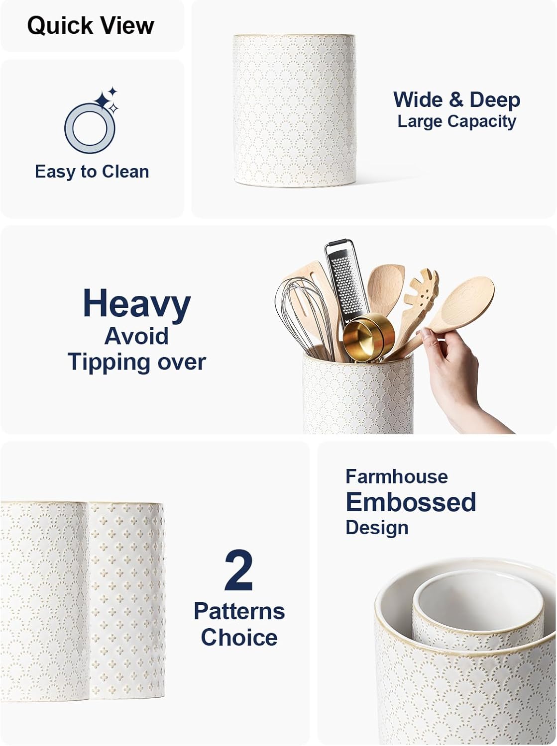Utensil Holder for Kitchen Counter - 7.1" Large Ceramic Utensil Crock, Cooking Utensil Organizer for Spatula, Spoon, Whisk - Farmhouse Kitchen Countertop Storage, Embossed, Clover