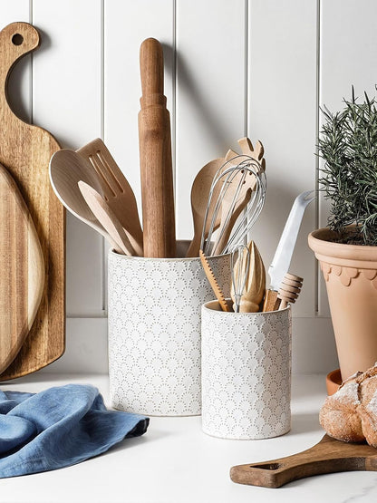 Utensil Holder for Kitchen Counter - 7.1" Large Ceramic Utensil Crock, Cooking Utensil Organizer for Spatula, Spoon, Whisk - Farmhouse Kitchen Countertop Storage, Embossed, Clover